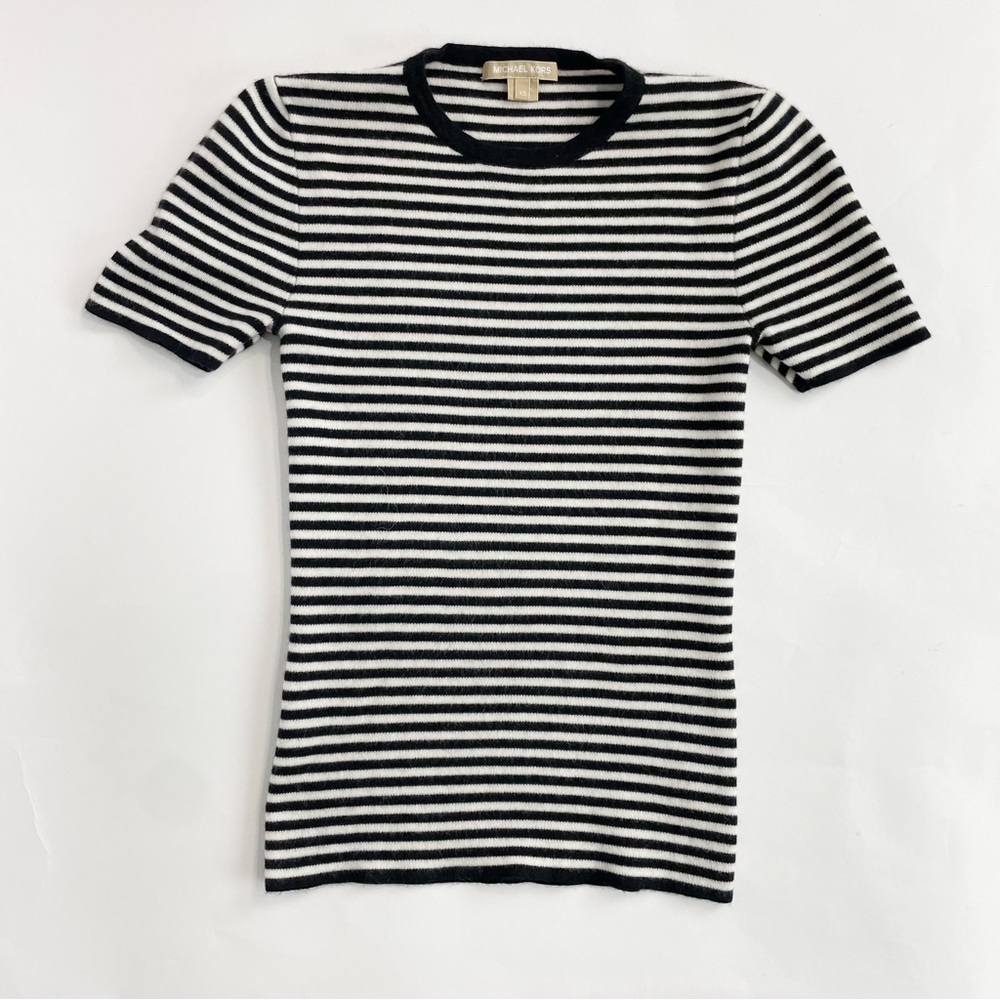 MICHAEL KORS COLLECTION Cashmere Short Sleeve Sweater BLACK/WHITE STRIPE Size XS